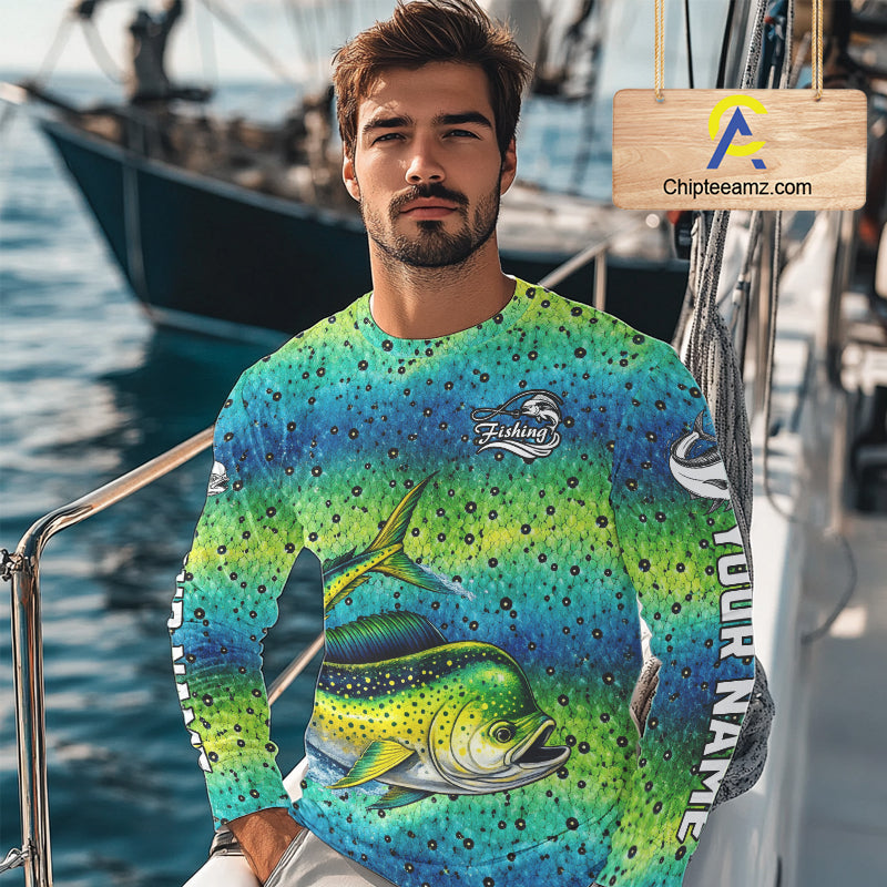 Mahi Mahi Fishing Team Jerseys, Mahi Mahi Fishing Shirts Long Sleeve Green Camo  NHT614