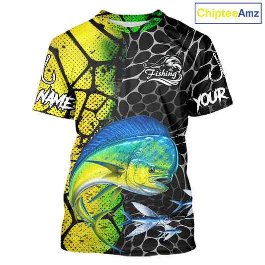 A short-sleeve graphic t-shirt featuring a split design: one half is yellow and black with a honeycomb pattern, and the other half is black with a fishnet pattern. A large blue and yellow mahi-mahi fish graphic is printed across the front, along with smaller fish and white customizable text placeholders.