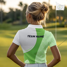 Load image into Gallery viewer, White And Green Golf Clubs Custom Name, Team Name Mens Golf Polo Shirts Team Womens Golf Tops NHT690
