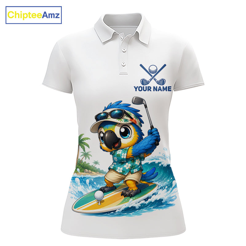 Personalized surfing parrot womens golf polo shirt, tropical beach bird golf team shirt, front view.