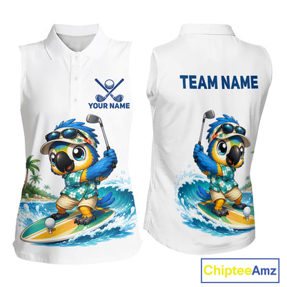 Personalized surfing parrot womens sleeveless golf polo shirt, tropical beach bird golf team shirt, front view.