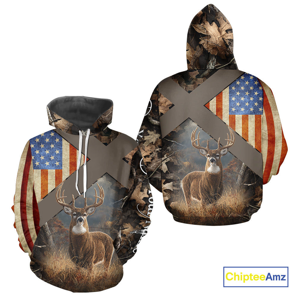 American Flag Deer Hunting Hoodie For Men – 3D Whitetail Buck Camo NHT336