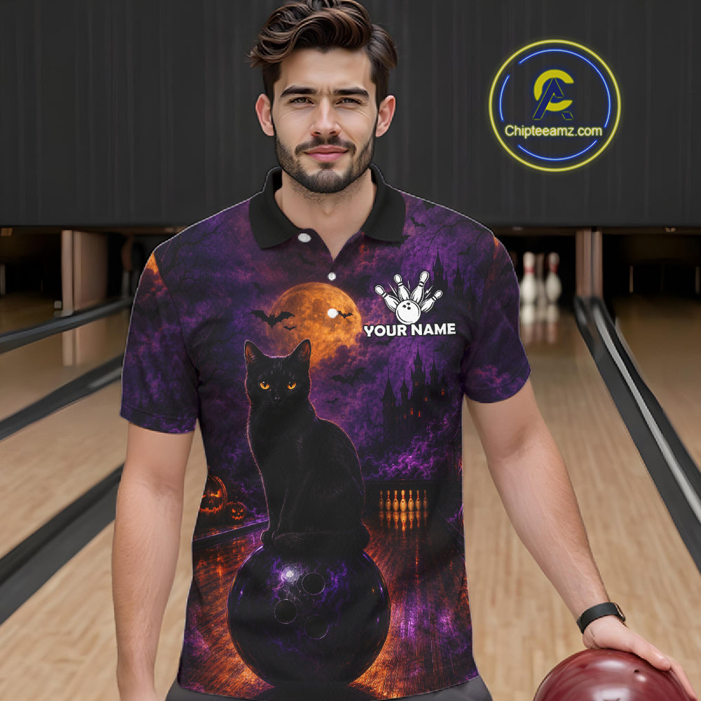 Black Cat Halloween Bowling Polo Shirt Custom Name Team Quarter Zip Jersey For Men NHT1351