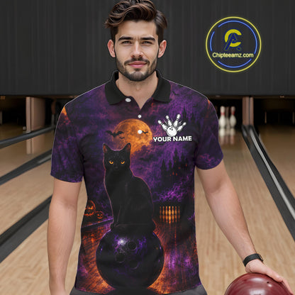 Black Cat Halloween Bowling Polo Shirt Custom Name Team Quarter Zip Jersey For Men NHT1351