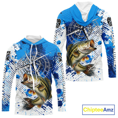 Blue Camo Custom Largemouth Bass Compass Hooded Long Sleeve Tournament Fishing Shirts NHT527