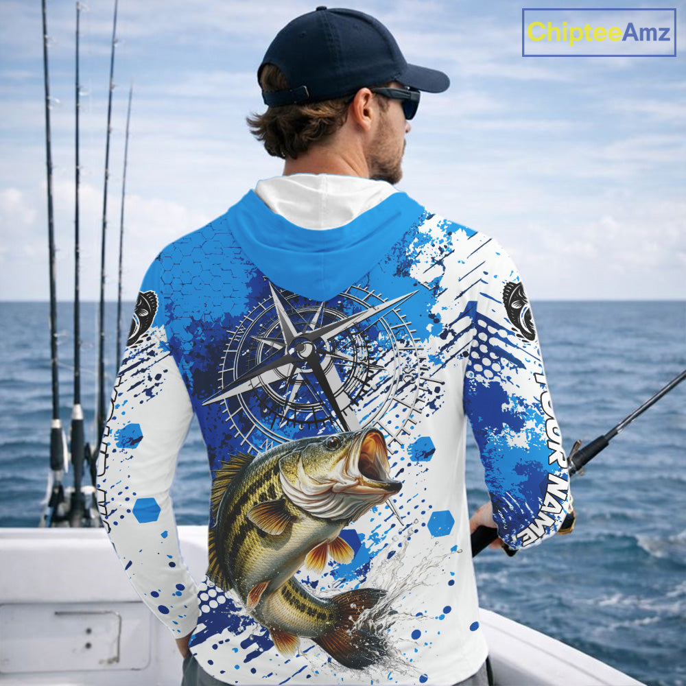 Blue Camo Custom Largemouth Bass Compass Hooded Long Sleeve Tournament Fishing Shirts NHT527