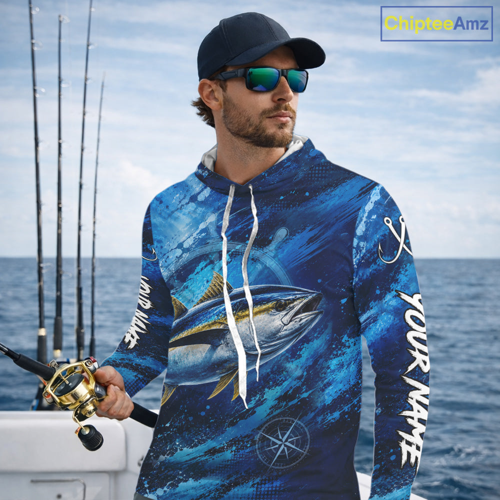 Custom Tuna Fishing Jersey, Personalized Long Sleeve Hooded Performance Fishing Shirt NHT1222