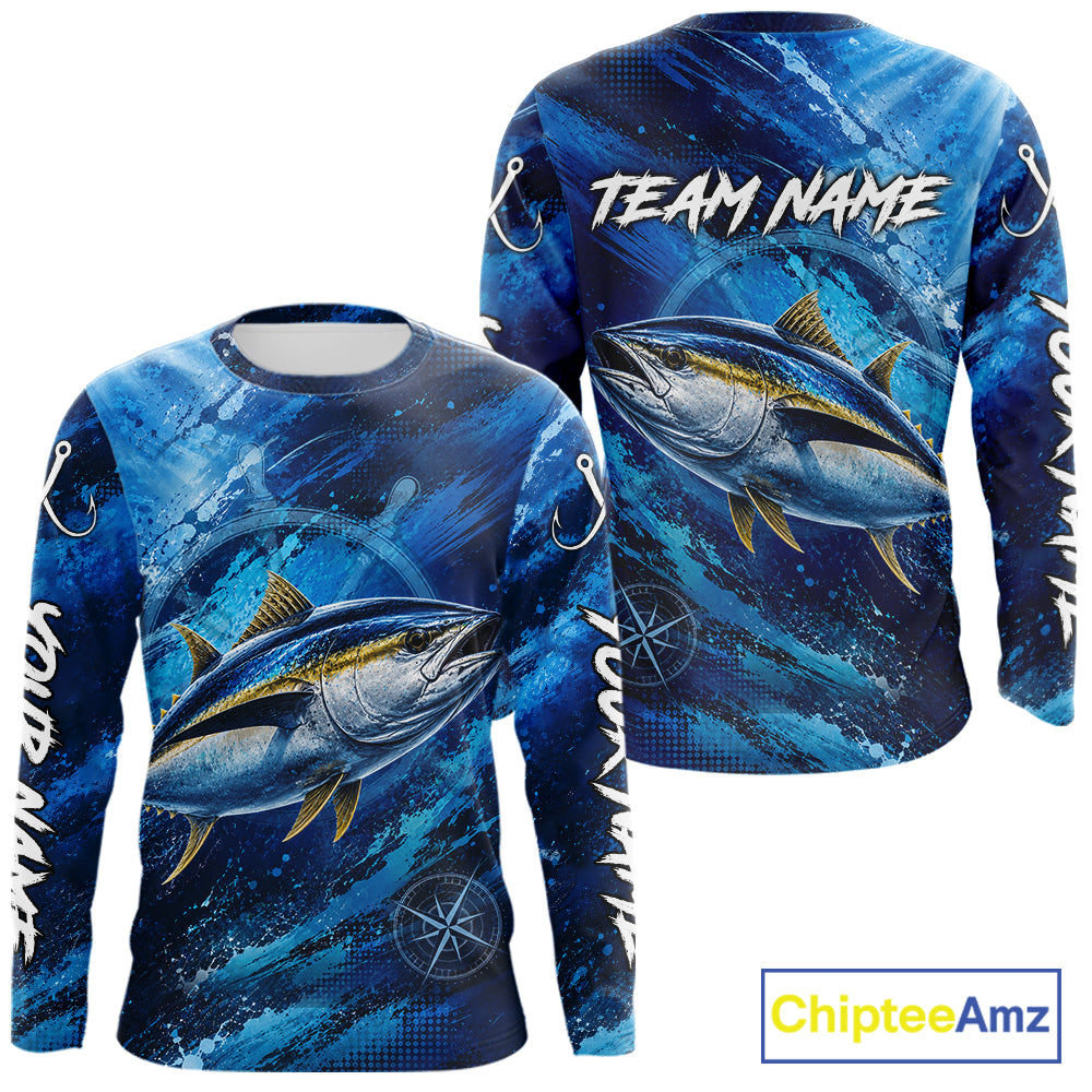 Back view of custom tuna fishing shirt made from breathable polyester with UPF 30+ sun protection.