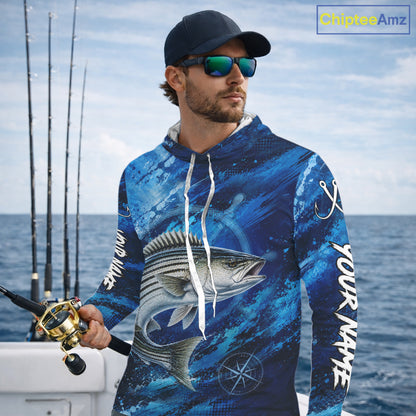 Custom Striped Bass Fishing Jersey, Personalized Long Sleeve Hooded Performance Fishing Shirt NHT1223