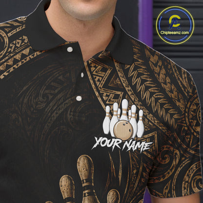 A close-up of a man wearing a black short-sleeve polo shirt with a gold tribal pattern and a bowling-themed graphic with the text 'YOUR NAME'.