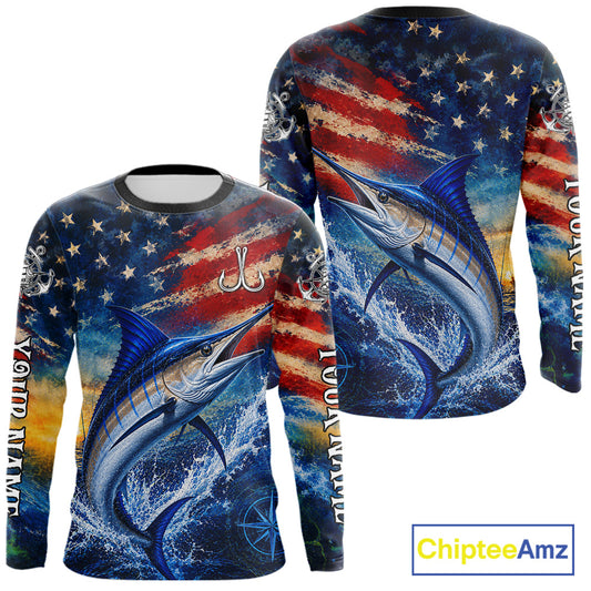 Marlin Fishing Shirt American Flag 3D All Over Print Long Sleeve Performance Apparel For Men NHT1088