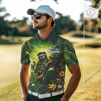 Custom Green Funny Sloth Tropical Mens Golf Polo Shirts, Golf Tournament Jersey For Men NHT927