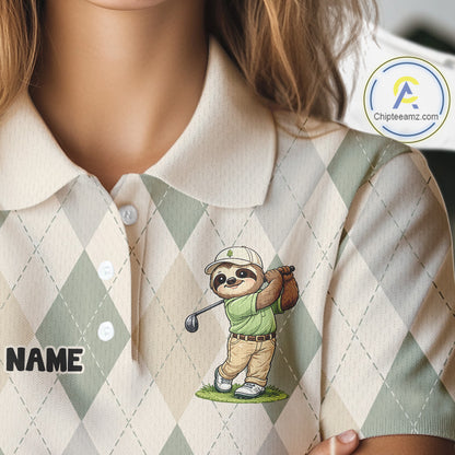 Personalized Sloth Golfer Polo Shirt Funny Golf Argyle Pattern Custom Name Golf Lover Gift for Womens NHT1095