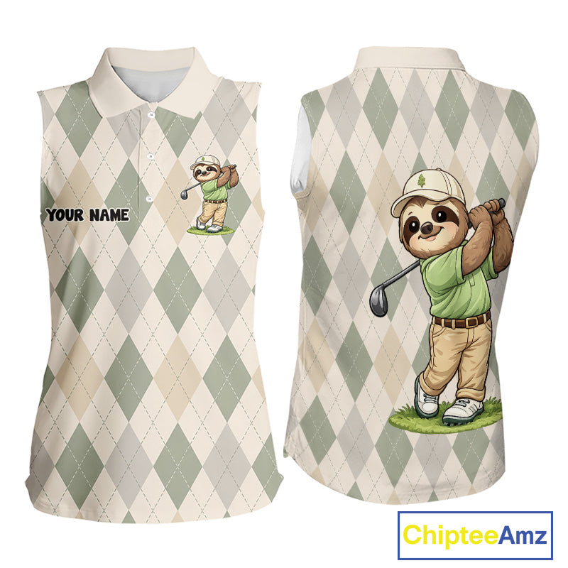 Personalized Sloth Womens Sleeveless Golf Polo Shirt Funny Golf Argyle Pattern Custom Name Golf Lover Gift