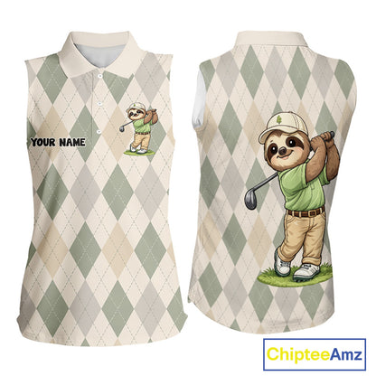 Personalized Sloth Womens Sleeveless Golf Polo Shirt Funny Golf Argyle Pattern Custom Name Golf Lover Gift