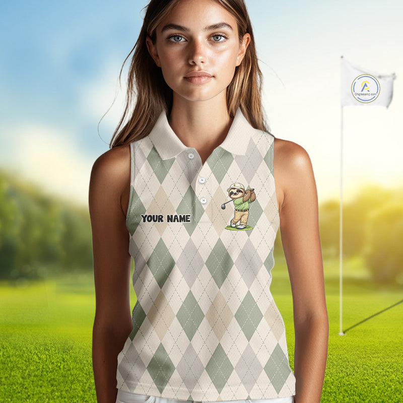 Personalized Sloth Womens Sleeveless Golf Polo Shirt Funny Golf Argyle Pattern Custom Name Golf Lover Gift