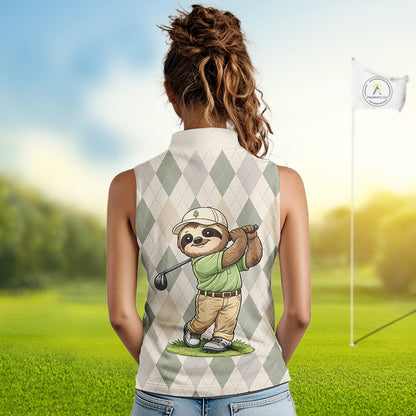Personalized Sloth Womens Sleeveless Golf Polo Shirt Funny Golf Argyle Pattern Custom Name Golf Lover Gift