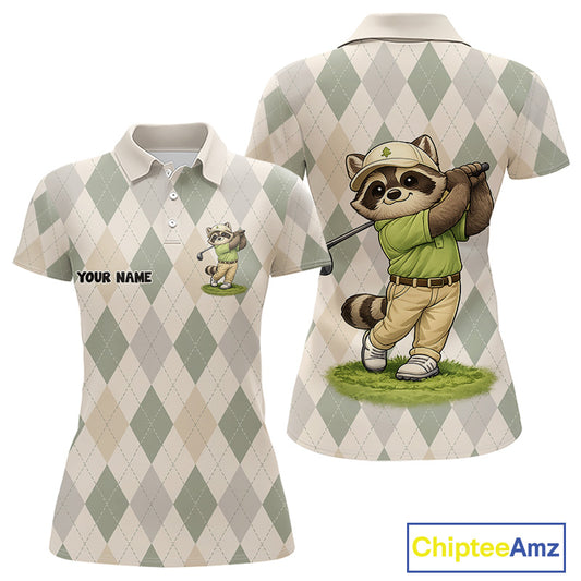 Personalized Raccoon Golfer Polo Shirt Funny Golf Argyle Pattern Custom Name Golf Lover Gift for Womens 