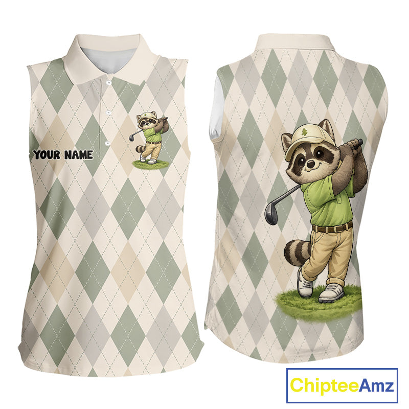 Personalized Raccoon Womens Sleeveless Golf Polo Shirt Funny Golf Argyle Pattern Custom Name Golf Lover Gift 