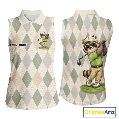 Personalized Raccoon Womens Sleeveless Golf Polo Shirt Funny Golf Argyle Pattern Custom Name Golf Lover Gift 