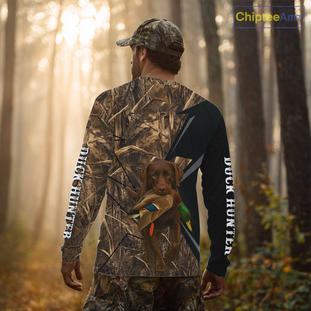 Duck Hunting Camo Shirt with Chocolate Lab – All Over Print, Perfect Gift for Waterfowl Hunters NHT243