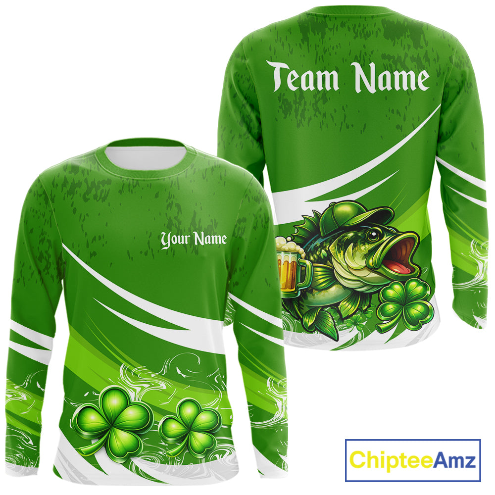 Custom St Patrick's Day Bass Long Sleeve Fishing Shirts, St Patty's Day Bass Fishing Jerseys NHT422