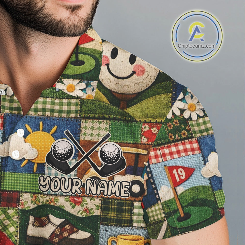 Funny Golf Patchwork Polo Shirt For Men, Personalized Mens Golf Polo Shirt, Vintage Quilt Golf Pattern NHT577