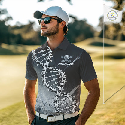 Custom Black Grey Mens Golf Polo Shirt DNA Skull Design, Personalized Name Golf Shirt, Golf Team Shirt NHT793