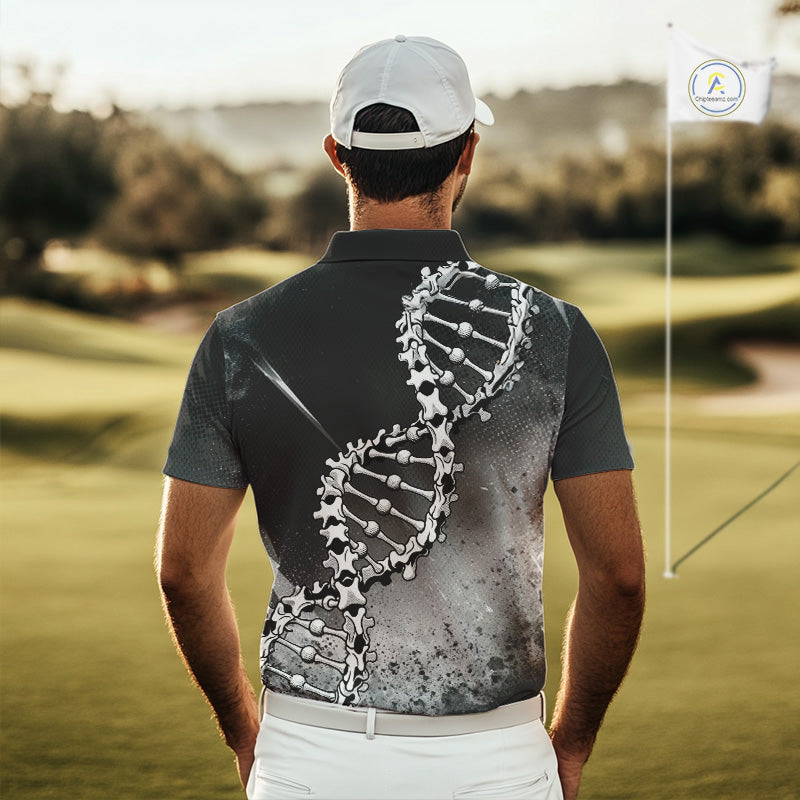 Custom Black Grey Mens Golf Polo Shirt DNA Skull Design, Personalized Name Golf Shirt, Golf Team Shirt NHT793
