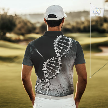 Custom Black Grey Mens Golf Polo Shirt DNA Skull Design, Personalized Name Golf Shirt, Golf Team Shirt NHT793