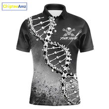 Load image into Gallery viewer, Custom Black Grey Mens Golf Polo Shirt DNA Skull Design, Personalized Name Golf Shirt, Golf Team Shirt NHT793
