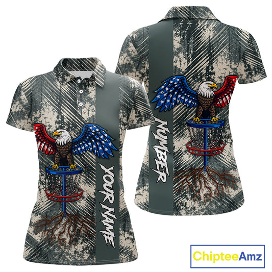 Disc Golf Polo Shirt With Patriotic Eagle Design, Customizable Name, Unisex Sports Jersey For Womens NHT806