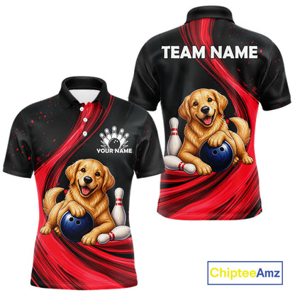 Front and back views of a custom short-sleeve polo shirt featuring a golden retriever puppy holding a bowling ball, set against a red and black swirled background. The front includes a white collar, buttons, and customizable text 'YOUR NAME' and bowling pins.