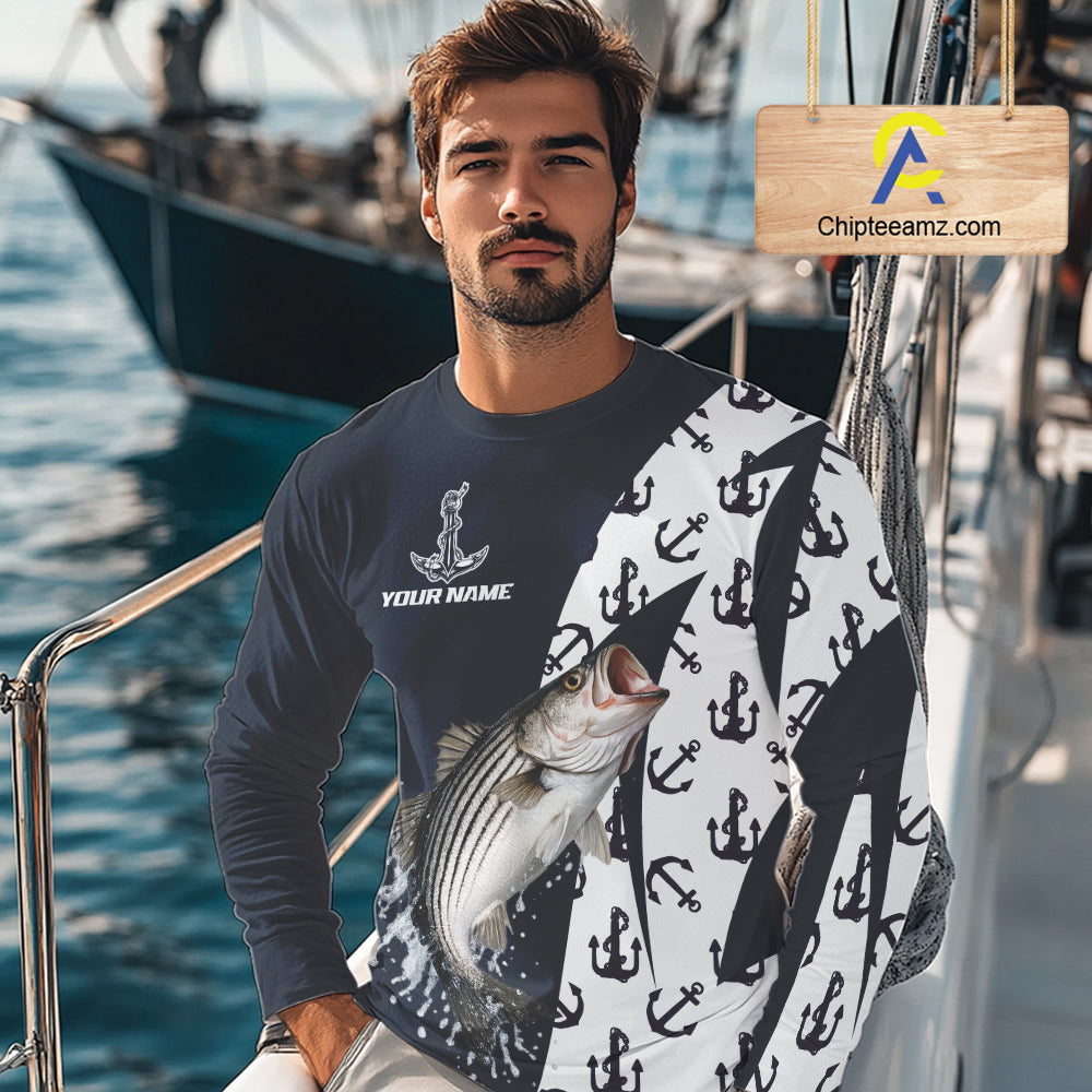 Personalized Striped Bass Fishing Shirts Long Sleeve With Pattern Anchor, Fishing Shirt Jersey NHT611