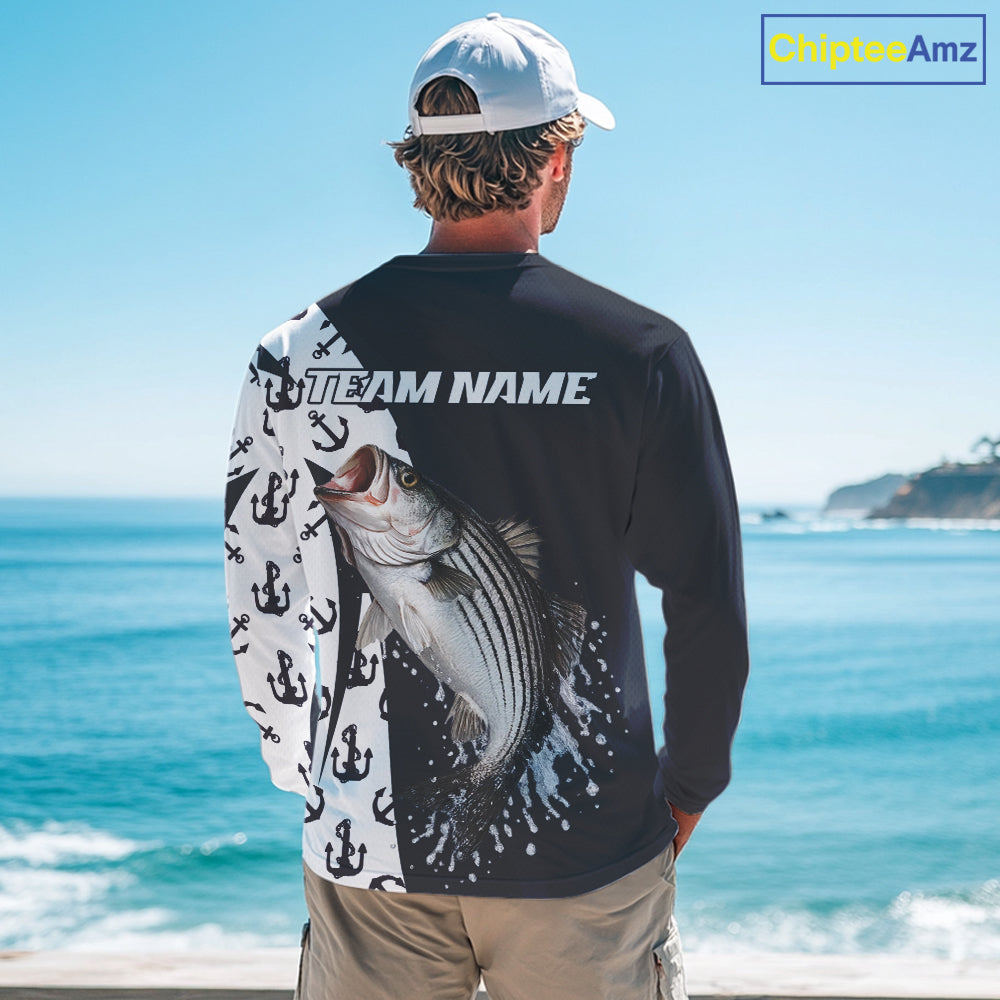 Personalized Striped Bass Fishing Shirts Long Sleeve With Pattern Anchor, Fishing Shirt Jersey NHT611