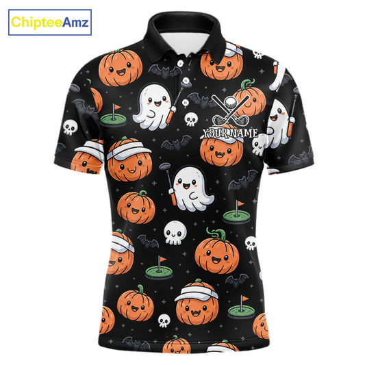 A short-sleeve polo shirt with a black base and an all-over Halloween golf-themed print featuring orange pumpkins, white ghosts, skulls, bats, and green golf holes. The shirt has a custom name placeholder on the chest and is shown on a plain white background with a ChipteeAmz logo in the top-left corner.