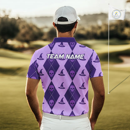 A man viewed from behind wearing a purple and lavender argyle golf shirt with skull and witch hat patterns, standing on a golf course.