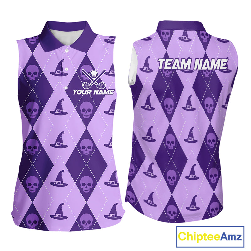 Front and back views of a sleeveless polo shirt with a purple and lavender argyle pattern featuring skull and witch hat motifs, customizable text on the front, and 'TEAM NAME' on the back.