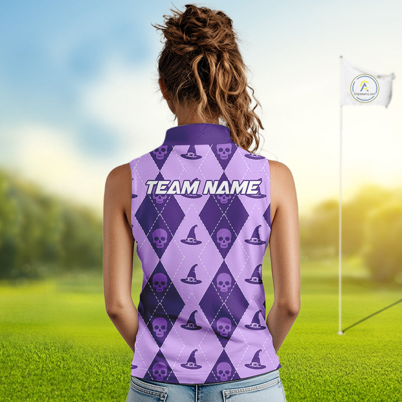 A woman viewed from behind wearing a sleeveless purple and lavender argyle golf shirt with skull and witch hat patterns, standing on a golf course with a flag in the background