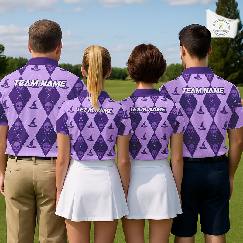 Custom Name Halloween Purple Witch Hat Women Golf Shirt, Personalized Argyle Skull Polo NHT1303