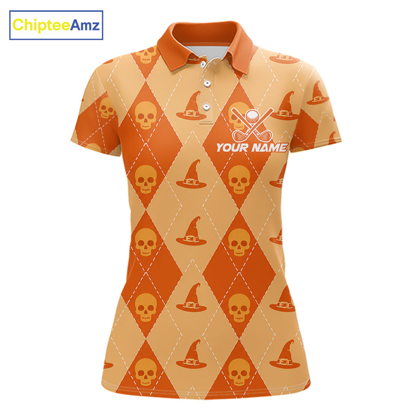 A short-sleeve polo shirt with an orange and beige Halloween-themed argyle pattern featuring skulls and witch hats. The shirt has a custom name and golf ball graphic printed on the left chest, and is displayed on a white background with a ChipteeAmz logo in the top-left corner.