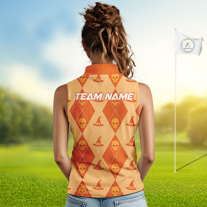 A woman viewed from behind wearing a sleeveless collared golf shirt with an orange and beige argyle pattern featuring skull and hat motifs, standing on a blurred golf course with a flag in the background.