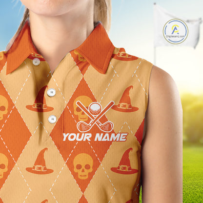 A close-up of a sleeveless polo shirt worn by a model, featuring a Halloween-themed argyle pattern with orange and tan diamonds, witch hats, skulls, crossed golf clubs and ball, and the text 'YOUR NAME'.