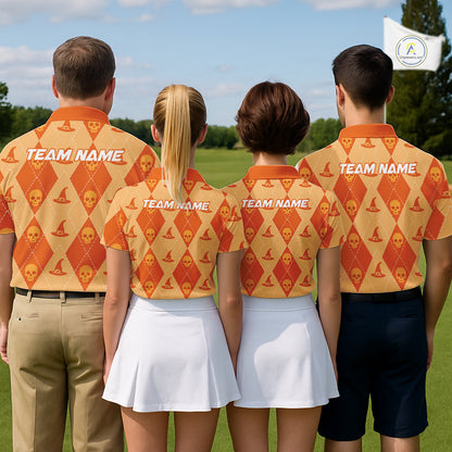 Custom Name Halloween Orange Witch Hat Women Golf Shirt, Personalized Argyle Skull Polo NHT1304