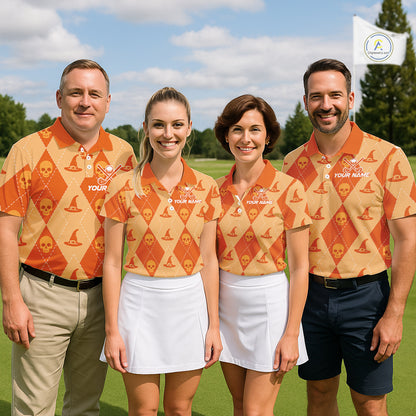 Custom Name Halloween Orange Witch Hat Women Golf Shirt, Personalized Argyle Skull Polo NHT1304