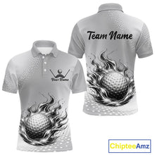 Load image into Gallery viewer, Personalized Flaming Golf Ball Mens Polo Shirt Gray Fire Design Custom Name Golf Shirts For Team NHT619