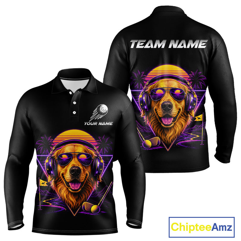 Retro Synthwave Golden Retriever Golf Polo Shirt - Funny Dog Dad Golfing Apparel