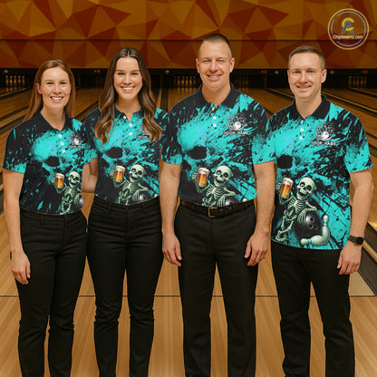 Custom Skeleton Beer Bowling Jersey, Turquoise Splatter Skull Polo & Quarter-Zip Shirt Gift For Women NHT1166