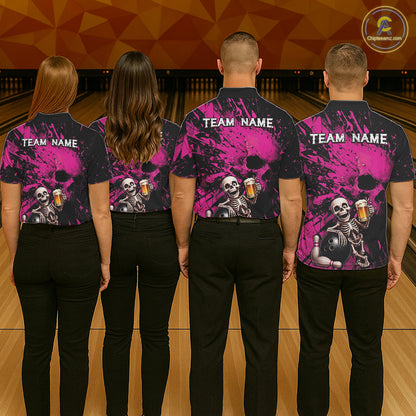 Custom Skeleton Beer Bowling Jersey, Pink Splatter Skull Polo & Quarter-Zip Shirt Gift For Women NHT1169