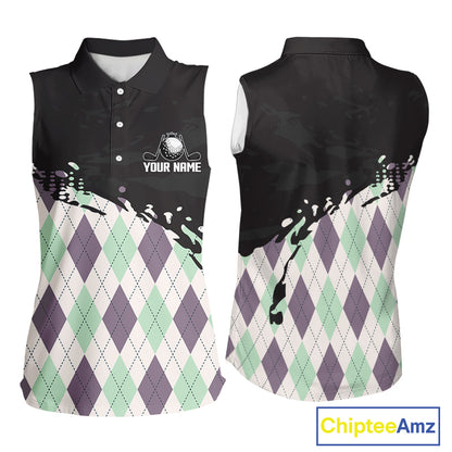 Custom Name Argyle Pattern Print Sleeveless Women Polo Shirt – Stylish Animal Print Golf Polo For Womens NHT857
